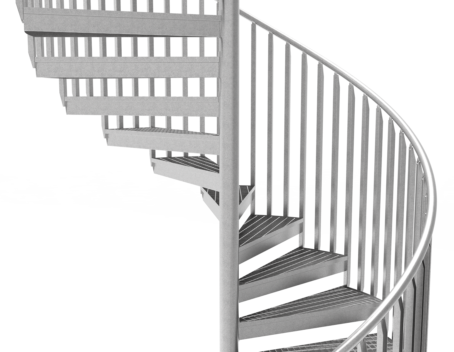 Freisteller einer Spindeltreppe mit einem kindersicheren Geländer aus Pfosten.