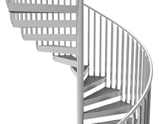 Freisteller einer Spindeltreppe mit einem kindersicheren Geländer aus Pfosten.