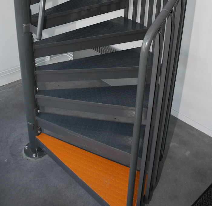 Powder coated spiral staircase with contrast marking