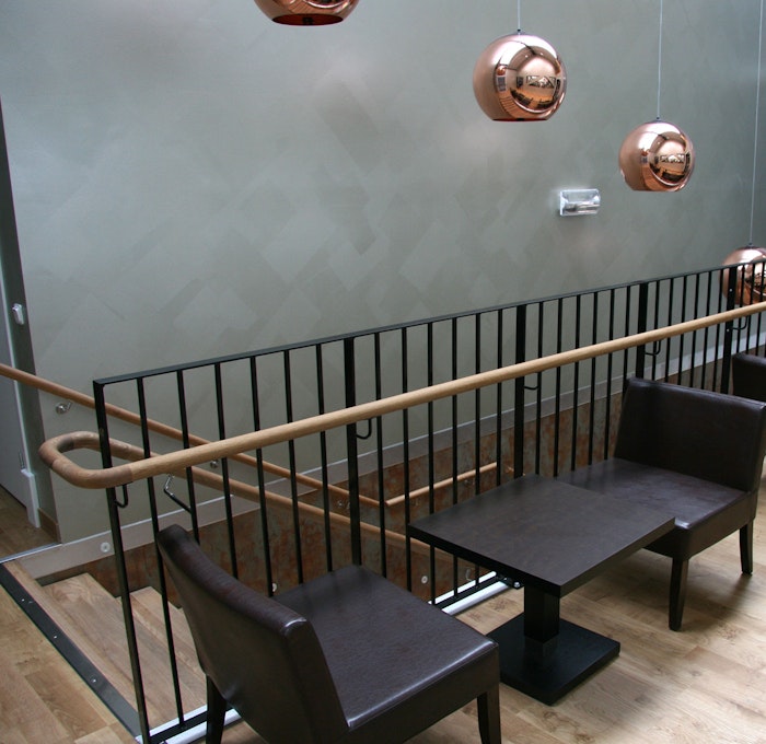 Powder coated railing with wooden handrail