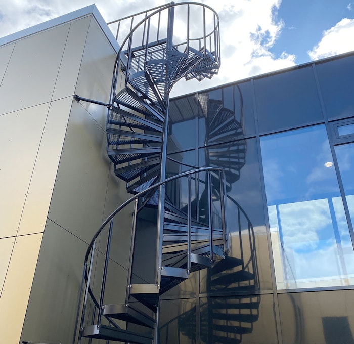 Powder coated spiral staircase with industrial railing
