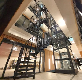 Powder coated spiral staircase indoors