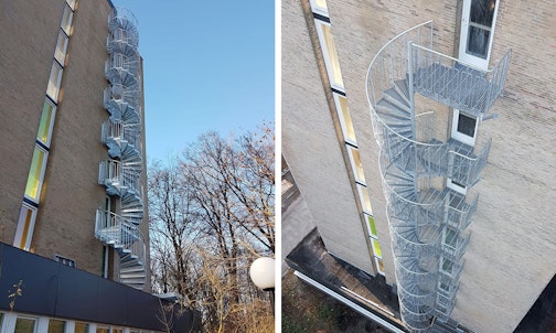 Fluchttreppe: feuerverzinkte Spindeltreppe mit kindersicherem Geländer Fluchttreppe bestehend aus einer Spindeltreppe an einer Hauswand mit kindersicherem Geländer