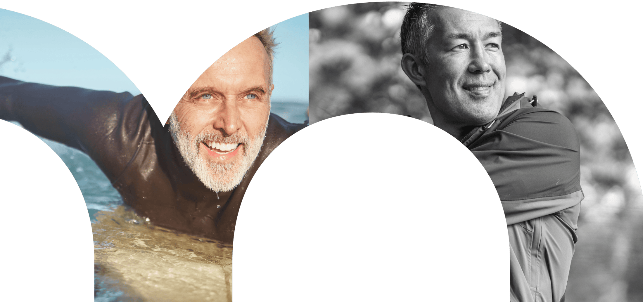 man in wet suit surfing and man in jacket stretching