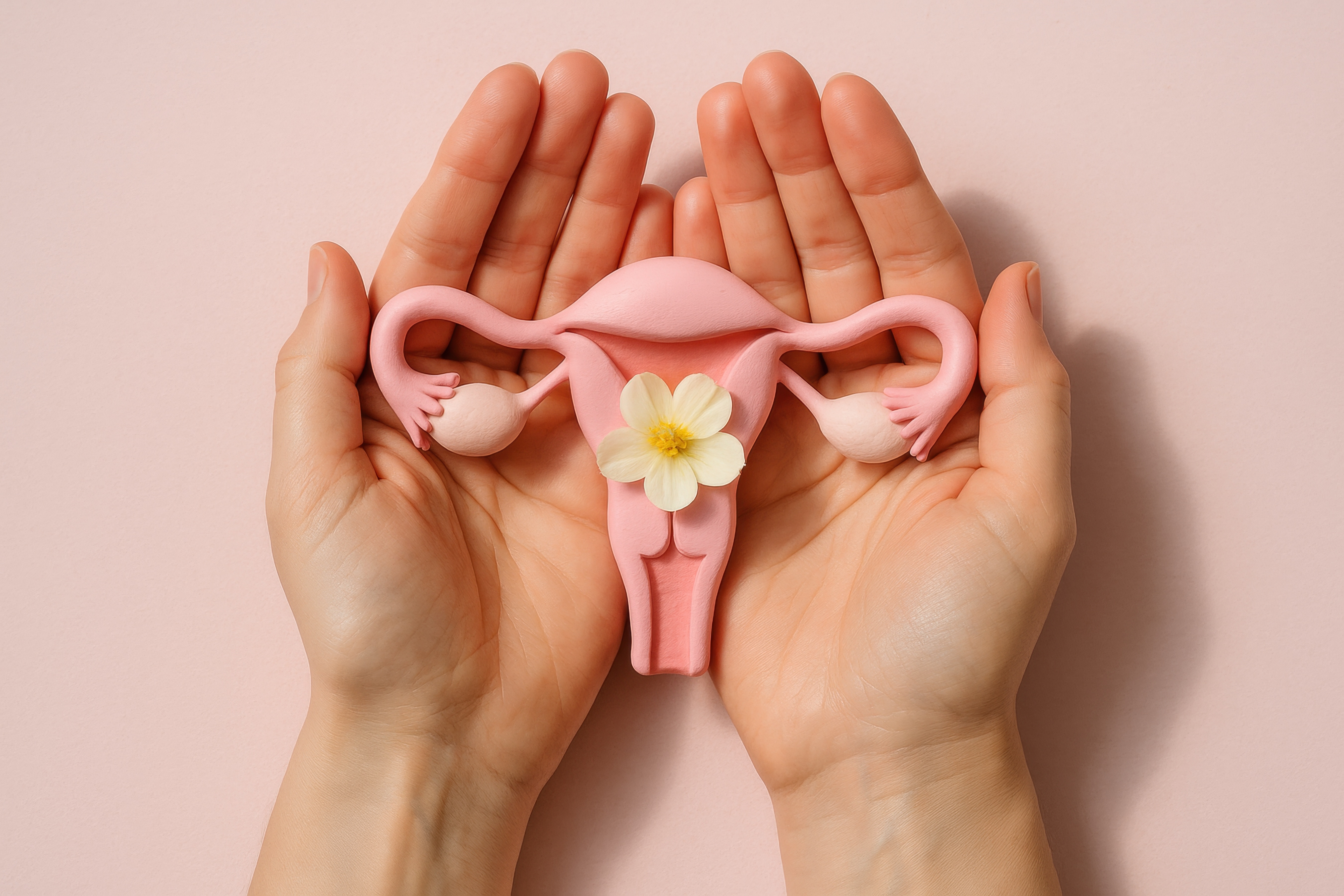 female reproductive system, uterus, model, hands, flower, feminine health
