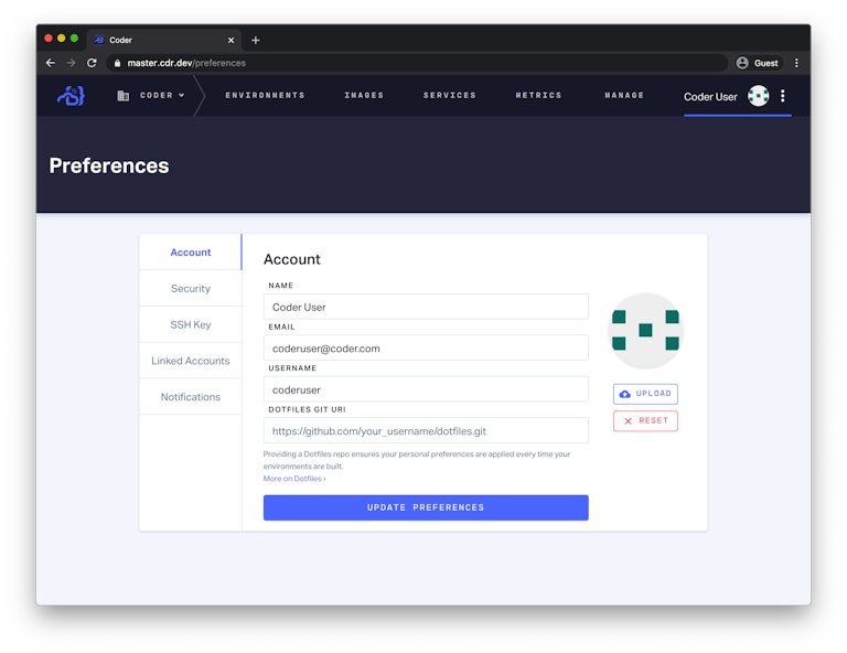 Screenshot showing where to enter the URL of your dotfiles in Coder v1.9