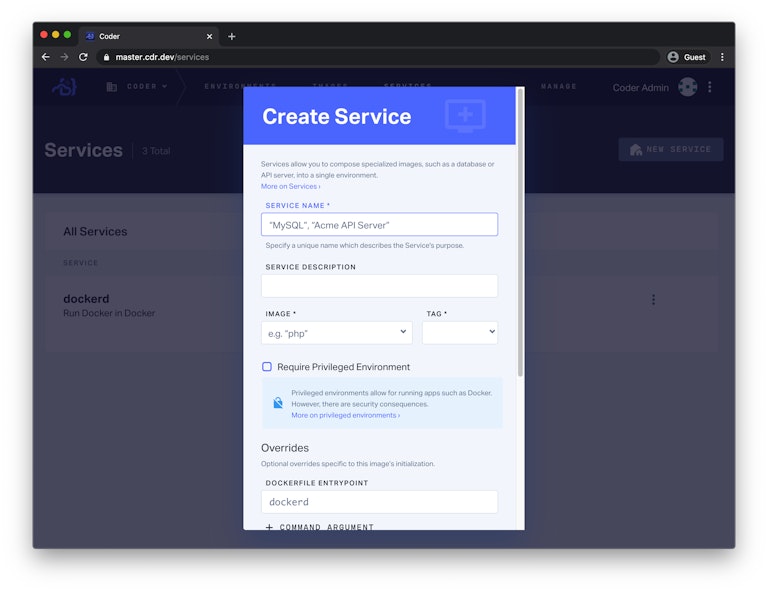Screenshot of creating a service