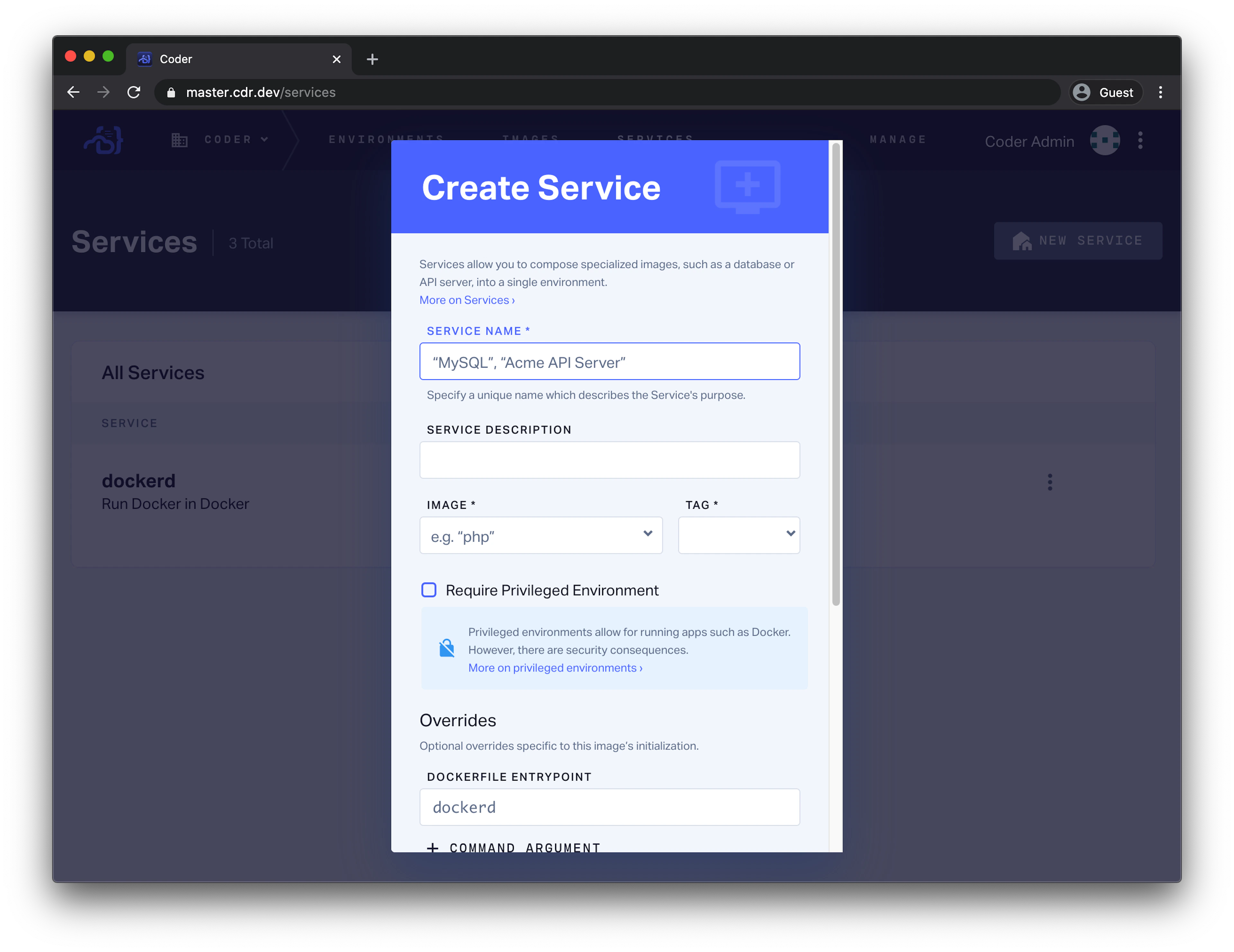 Screenshot of creating a service