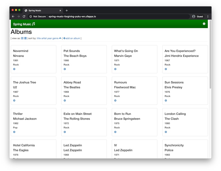 Spring Music App Running Live on Cloud Foundry