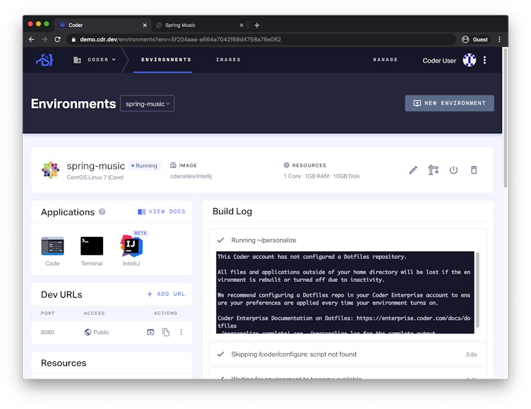Environment Overview Screen showing Dev URL