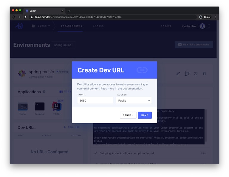 Create Dev URL Screen