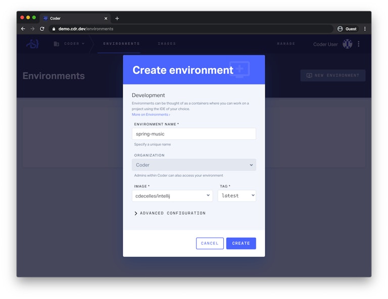 Create Environment Screen