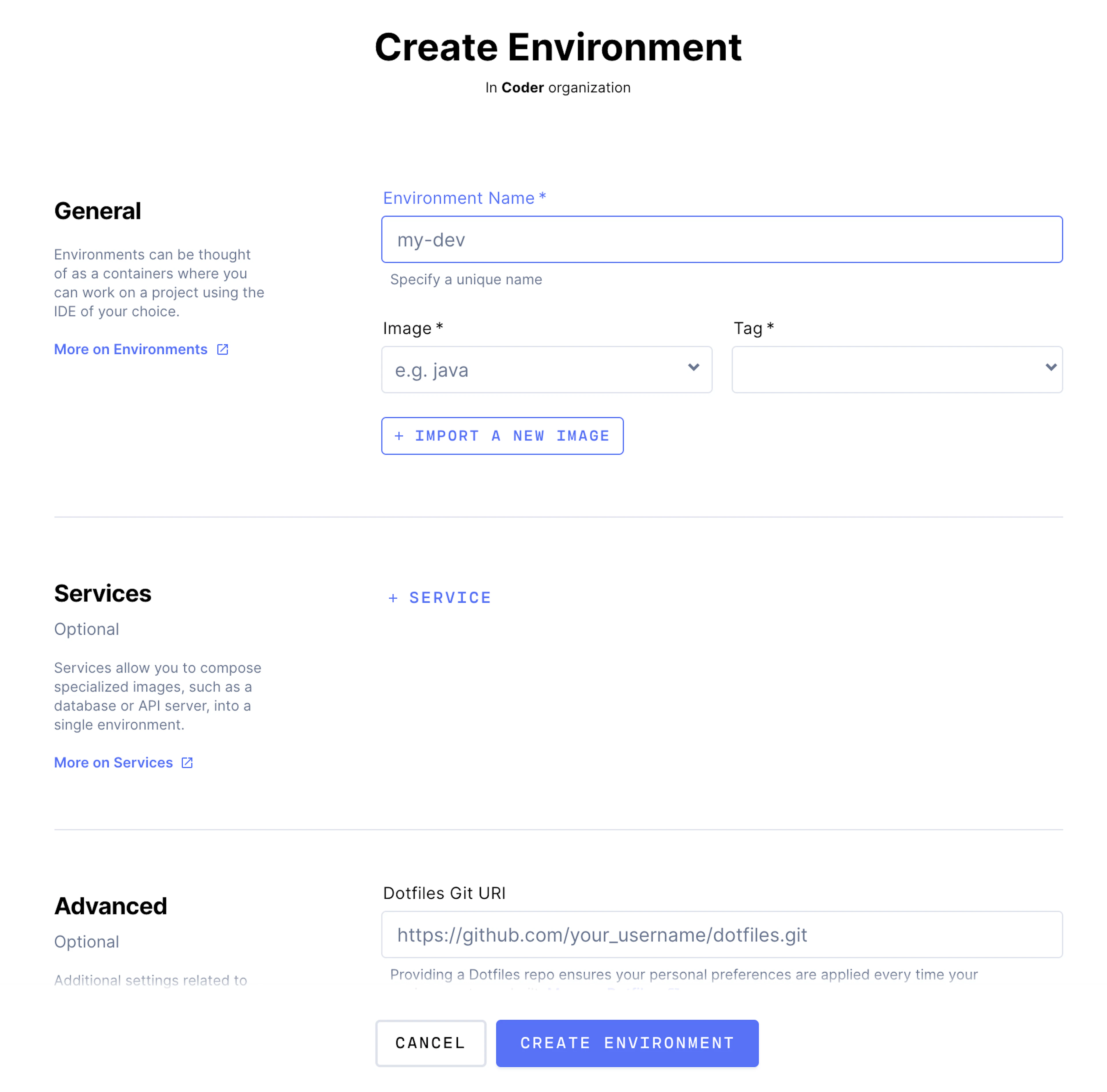 screenshot of the new Create Environment view
