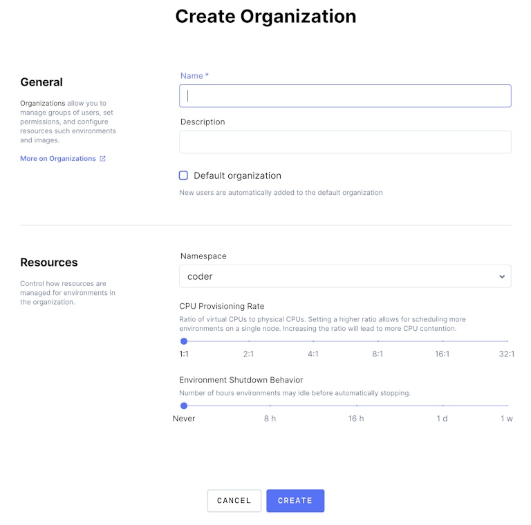 Screenshot of the new Create Organization view in Coder Enterprise v1.10