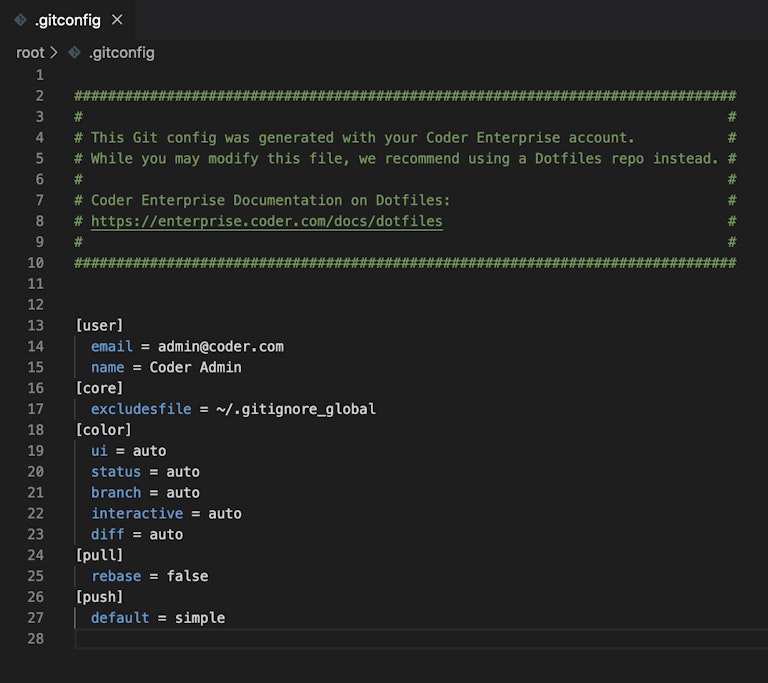 screenshot of .gitconfig file generated by Coder Enterprise v10.1