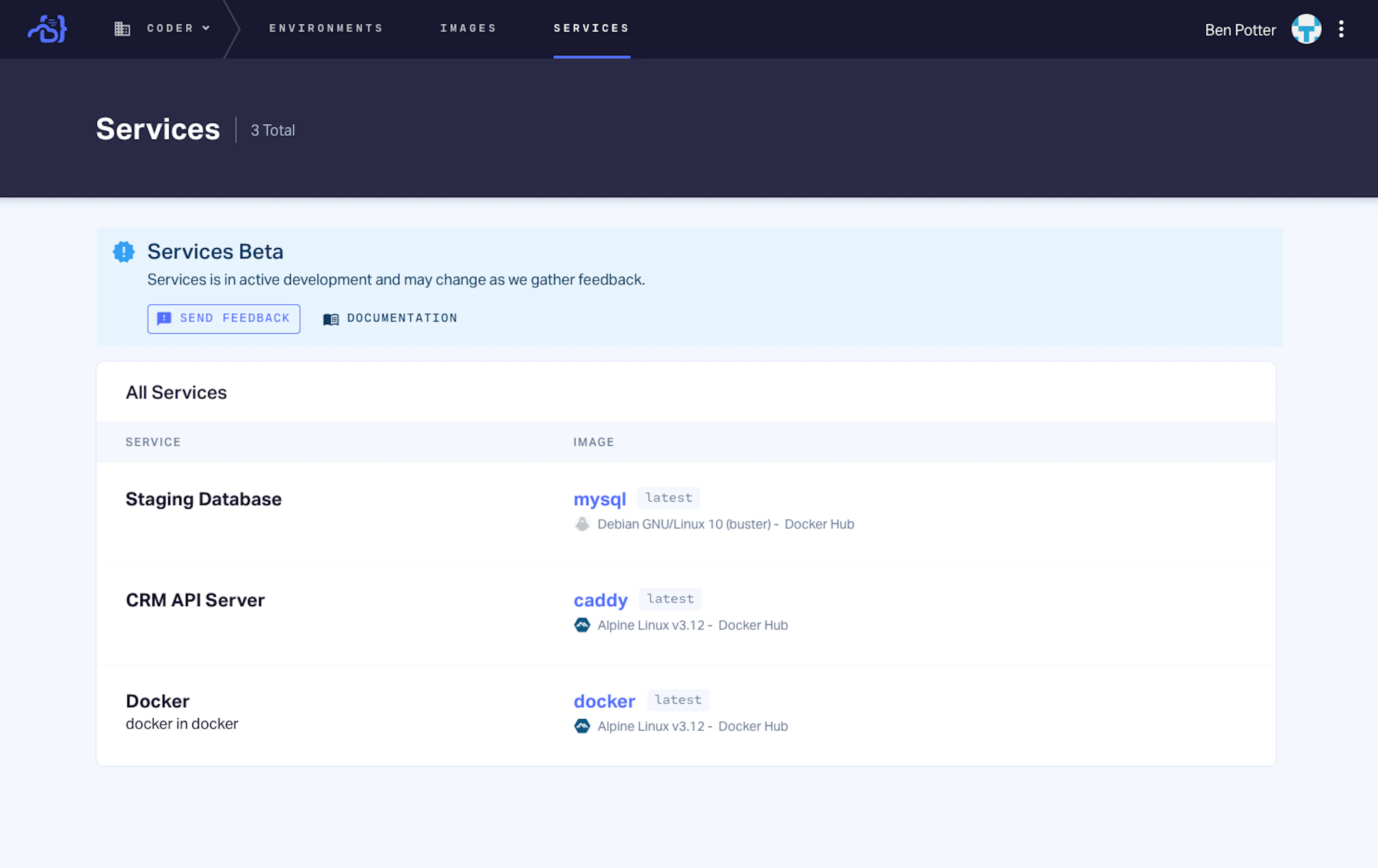 Coder Enterprise Services Screen