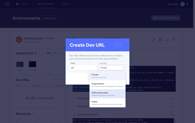 Coder Enterprise Dev URLs Screen