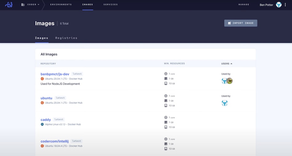 Images screen in Coder Enterprise