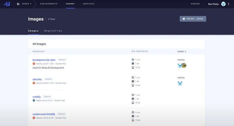 Images screen in Coder Enterprise