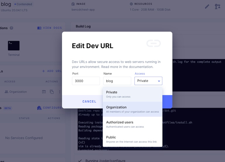 Dev URLs feature in Coder Enteprise