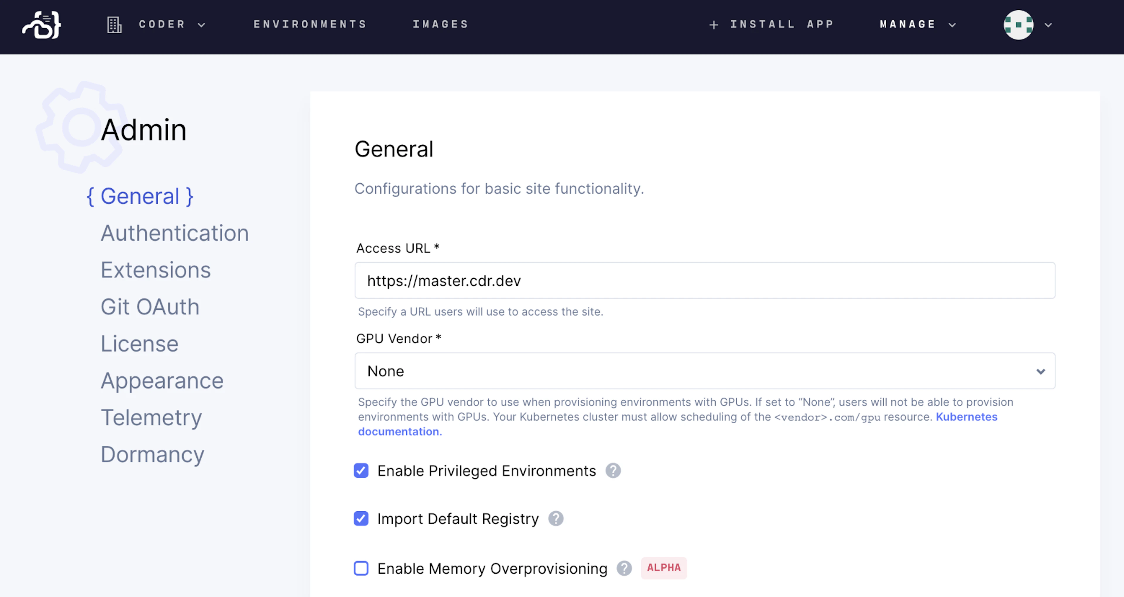 Improved admin UI in Coder