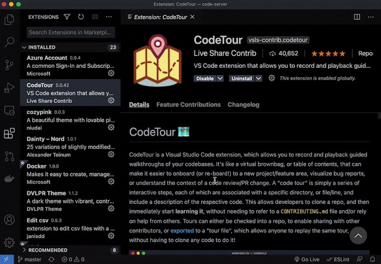 Screenshot of CodeTour for code-server