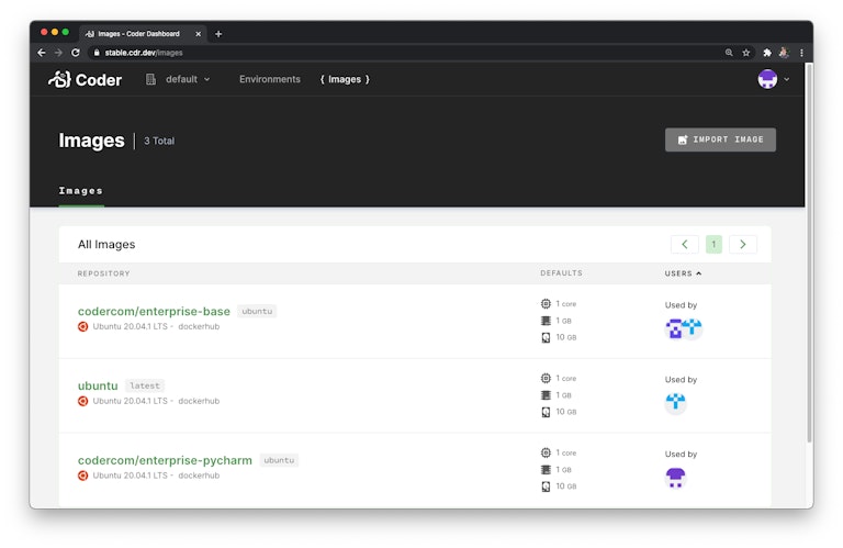 Images screen in Coder v1.16