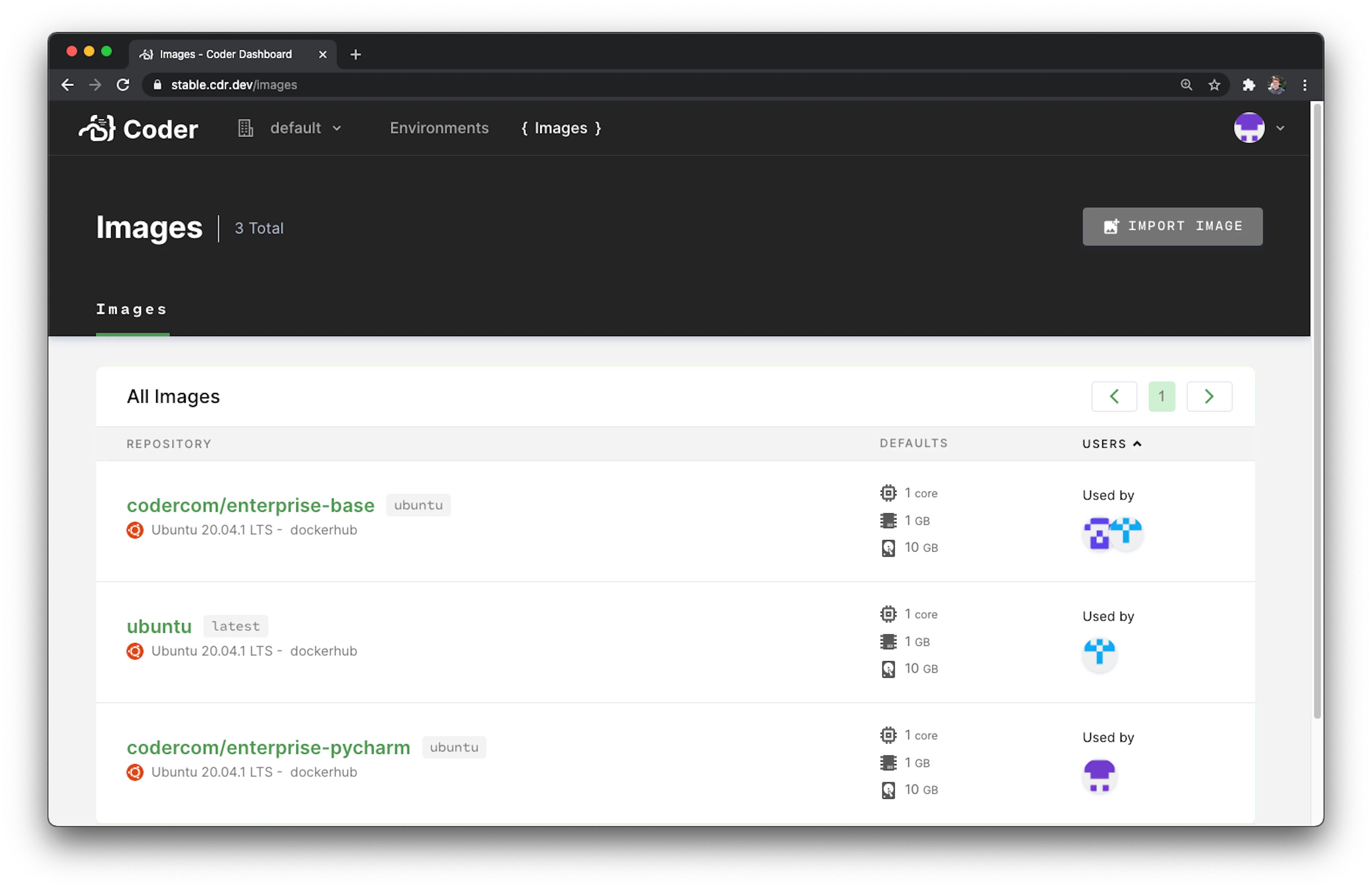 Images screen in Coder v1.16