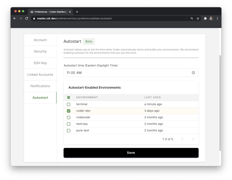 Autostart Preferences in Coder