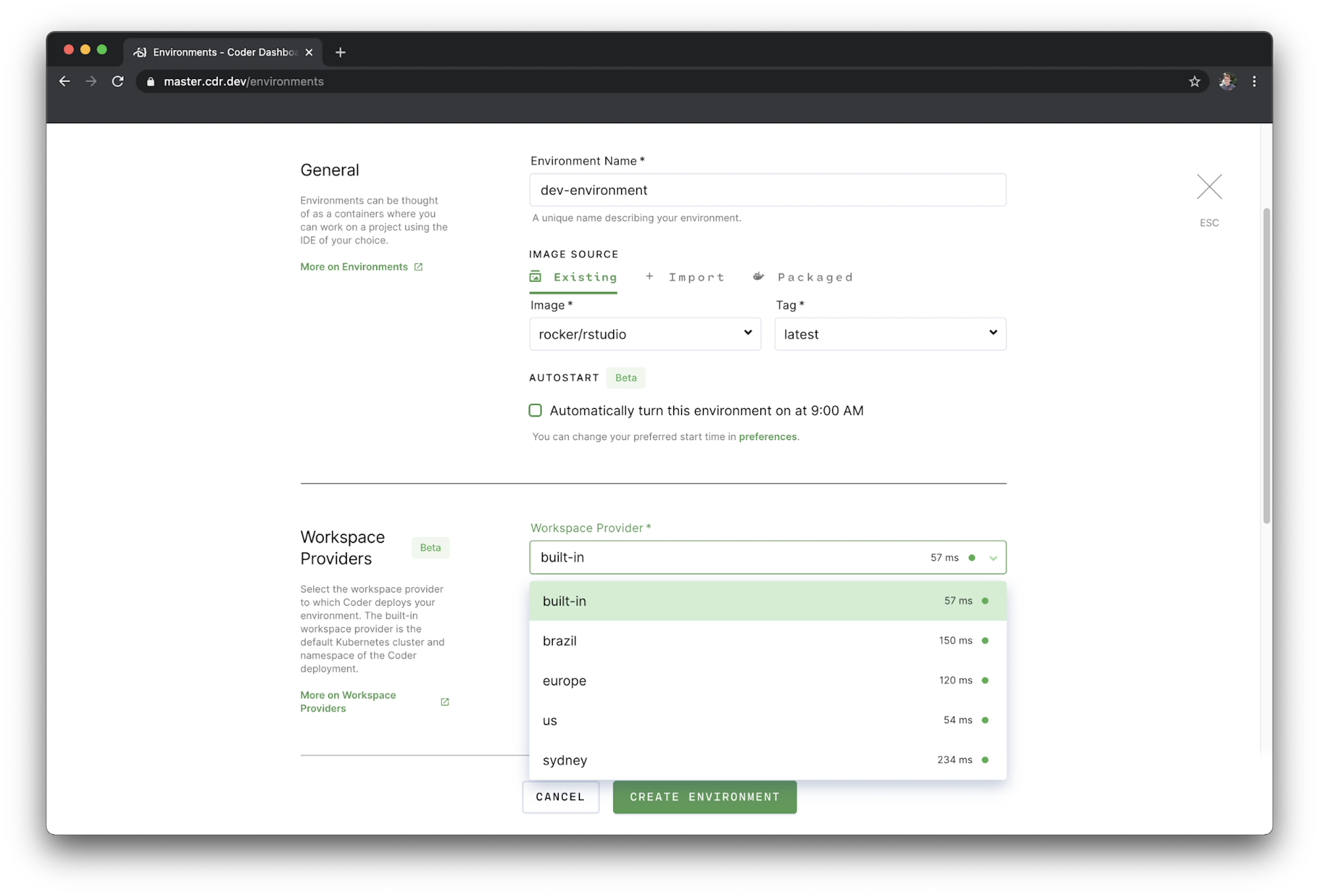 Selecting a workspace provider in Coder