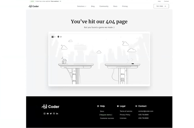 screen capture showing 404 page with a game starting