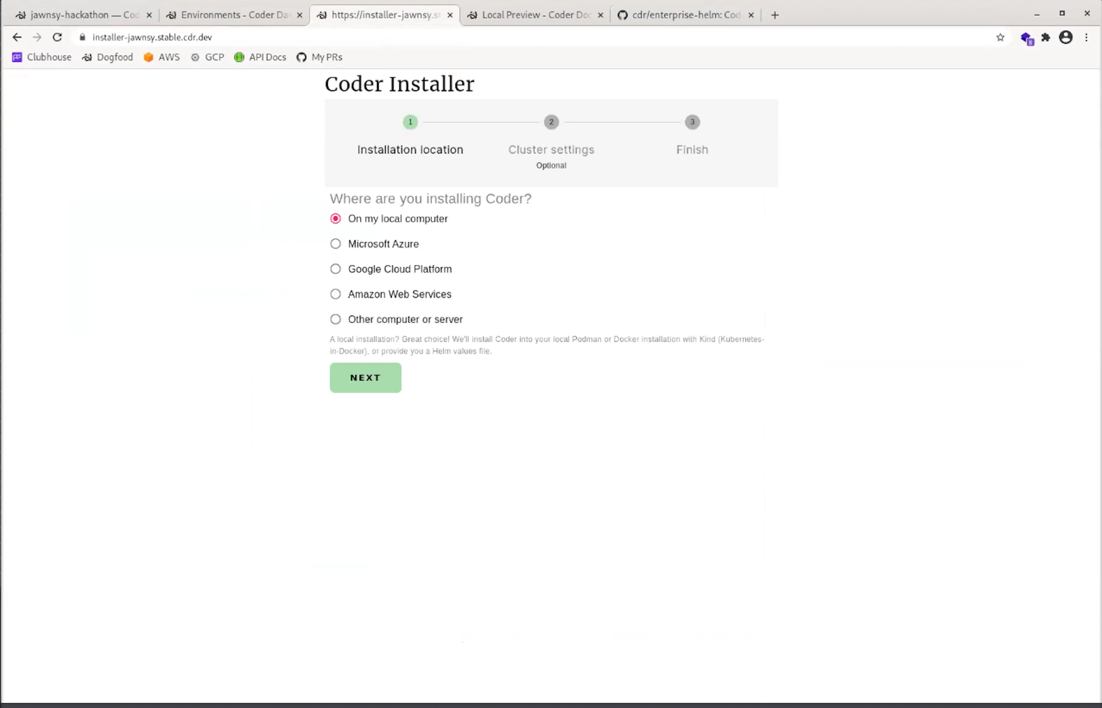 screen capture showing a GUI install screen