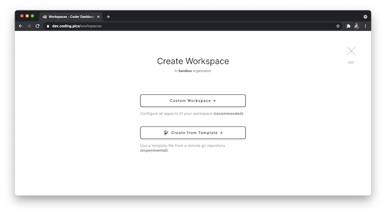 Workspace creation screen with "workspace templates" enabled in Coder