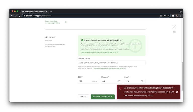 Users cannot exceed their total resource quota when creating or rebuilding workspaces