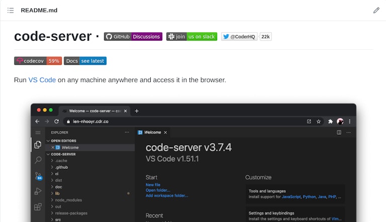 screenshot of code-server readme.md