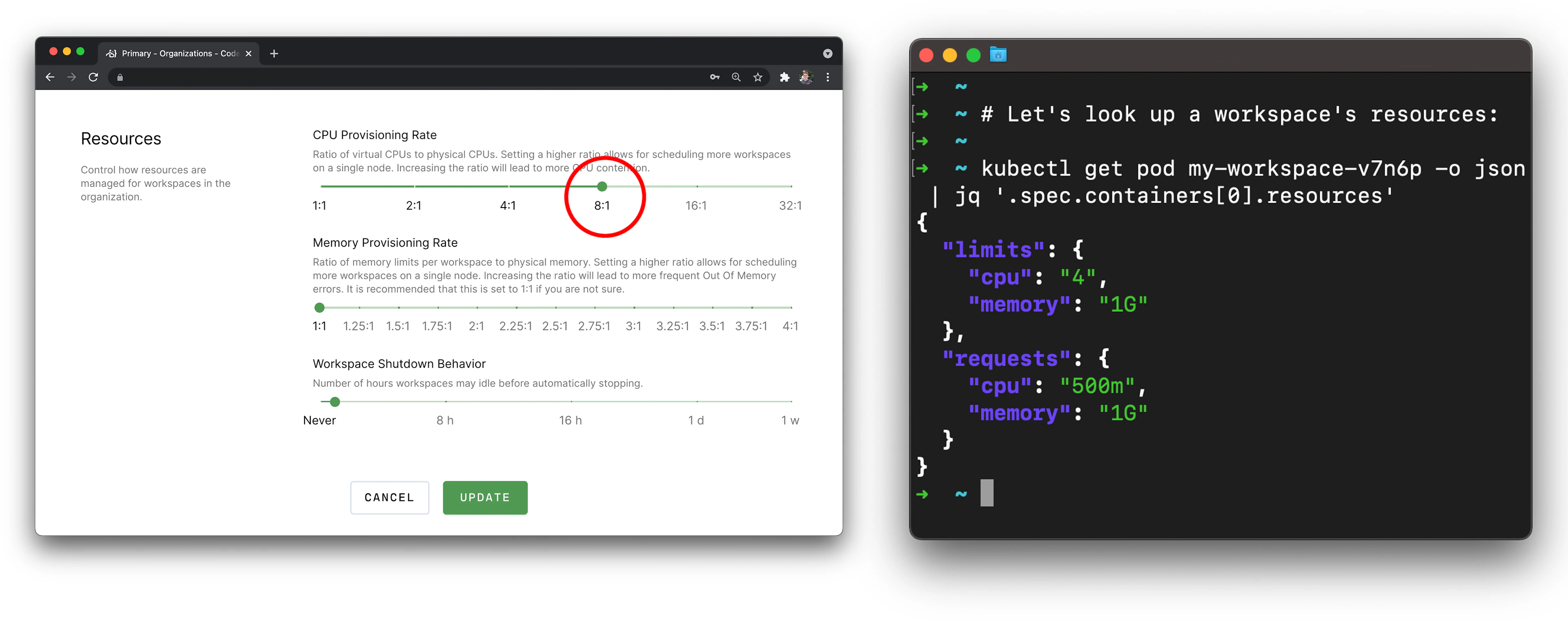 With the 8:1 provisioning rate, a workspace with 4 cores only has 0.5 CPUs reserved, but can burst up to 5 CPUs at peak as a Kubernetes "limit."