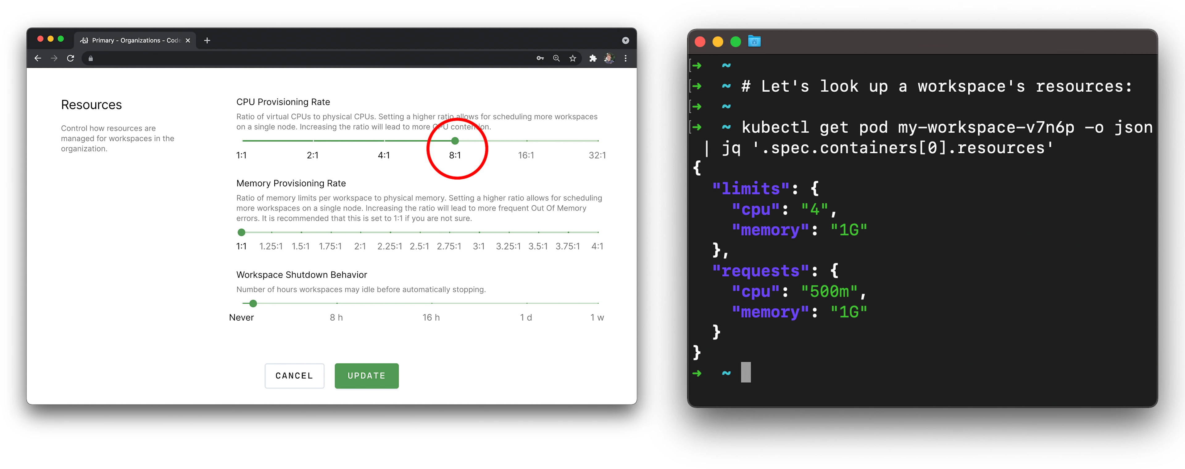 With the 8:1 provisioning rate, a workspace with 4 cores only has 0.5 CPUs reserved, but can burst up to 5 CPUs at peak as a Kubernetes "limit."