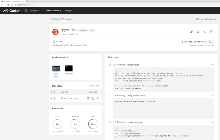 Screenshot of a Coder workspace