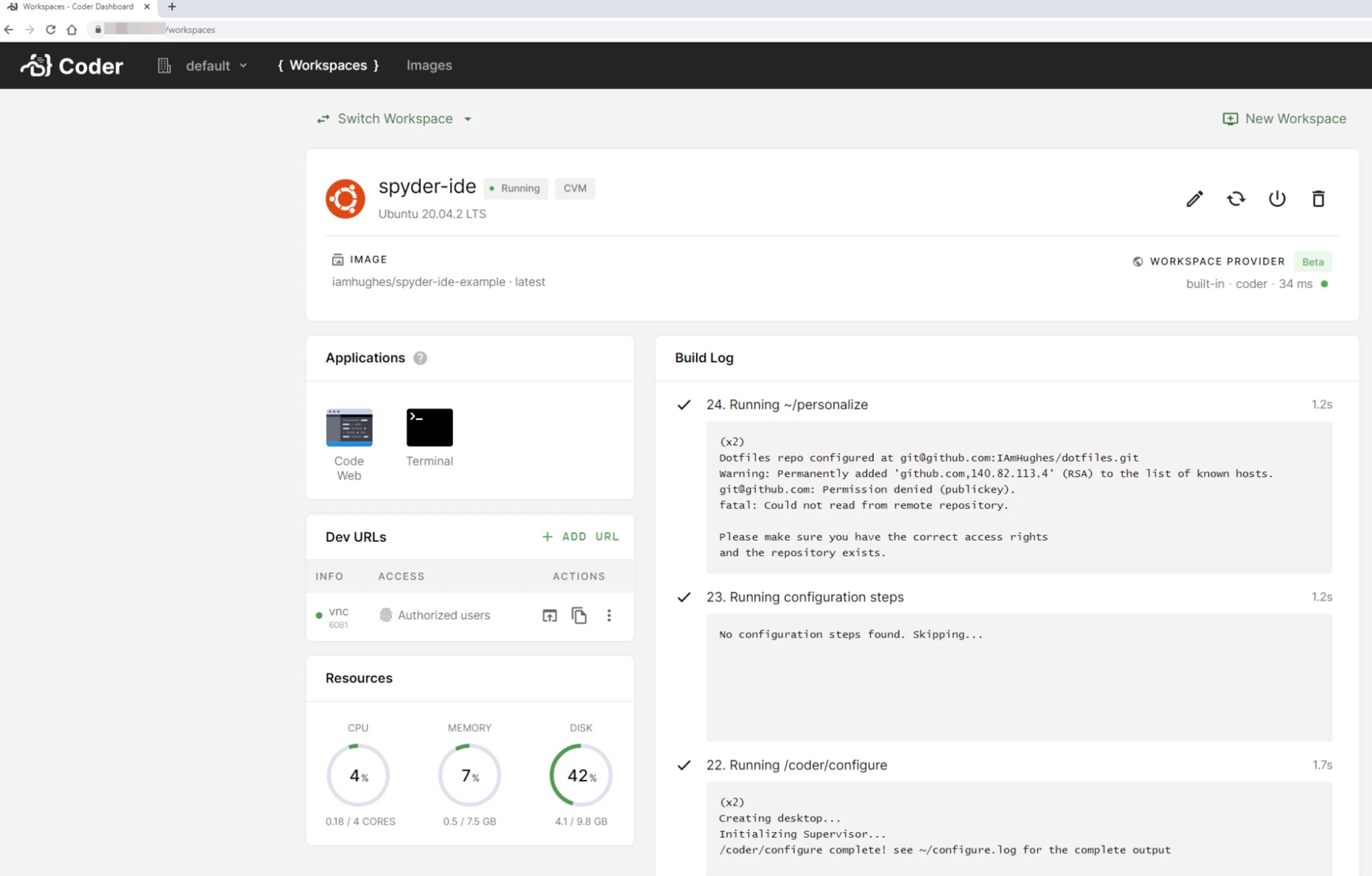 Screenshot of a Coder workspace