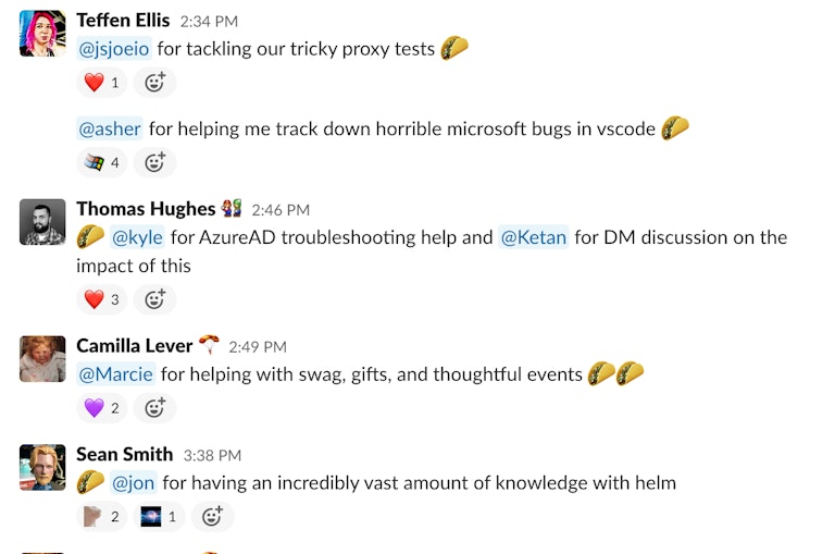 Screen capture from the Hey Taco app integration with Slack showing people giving others tacos as a way of saying thank you