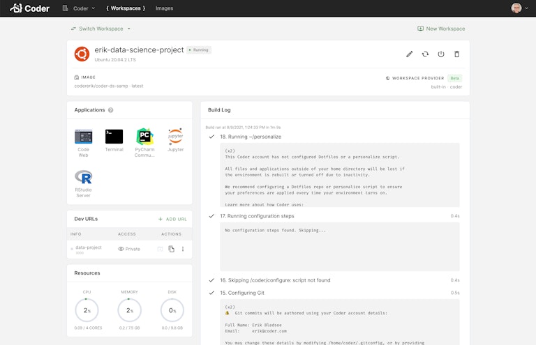 Screen capture of a Coder workspace