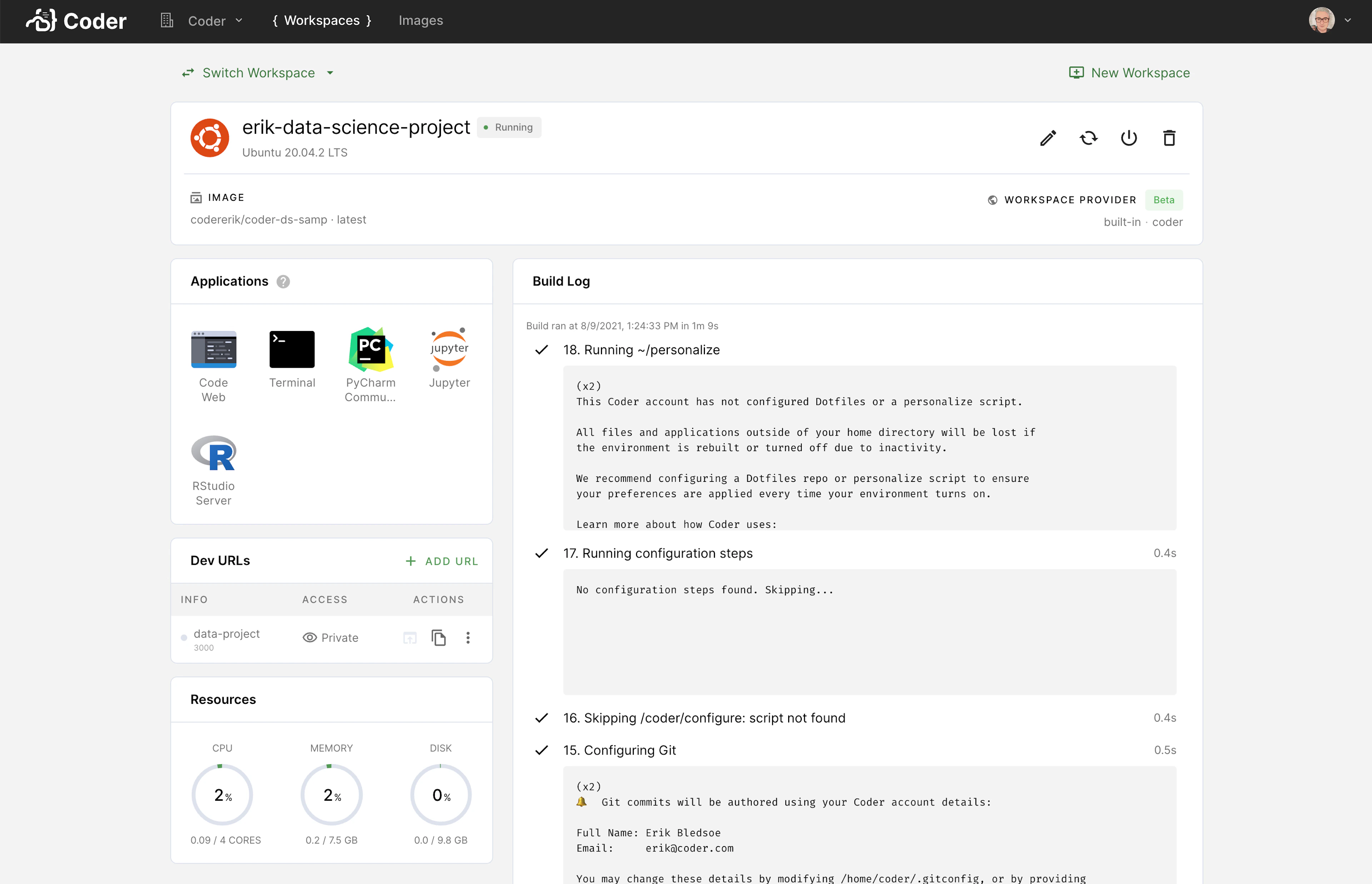 Screen capture of a Coder workspace