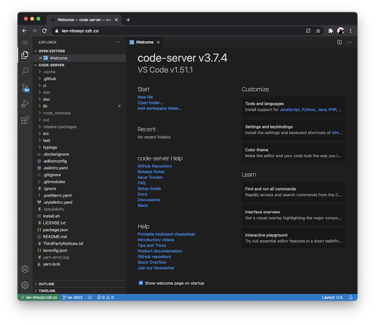 code-server –link in Google Chrome