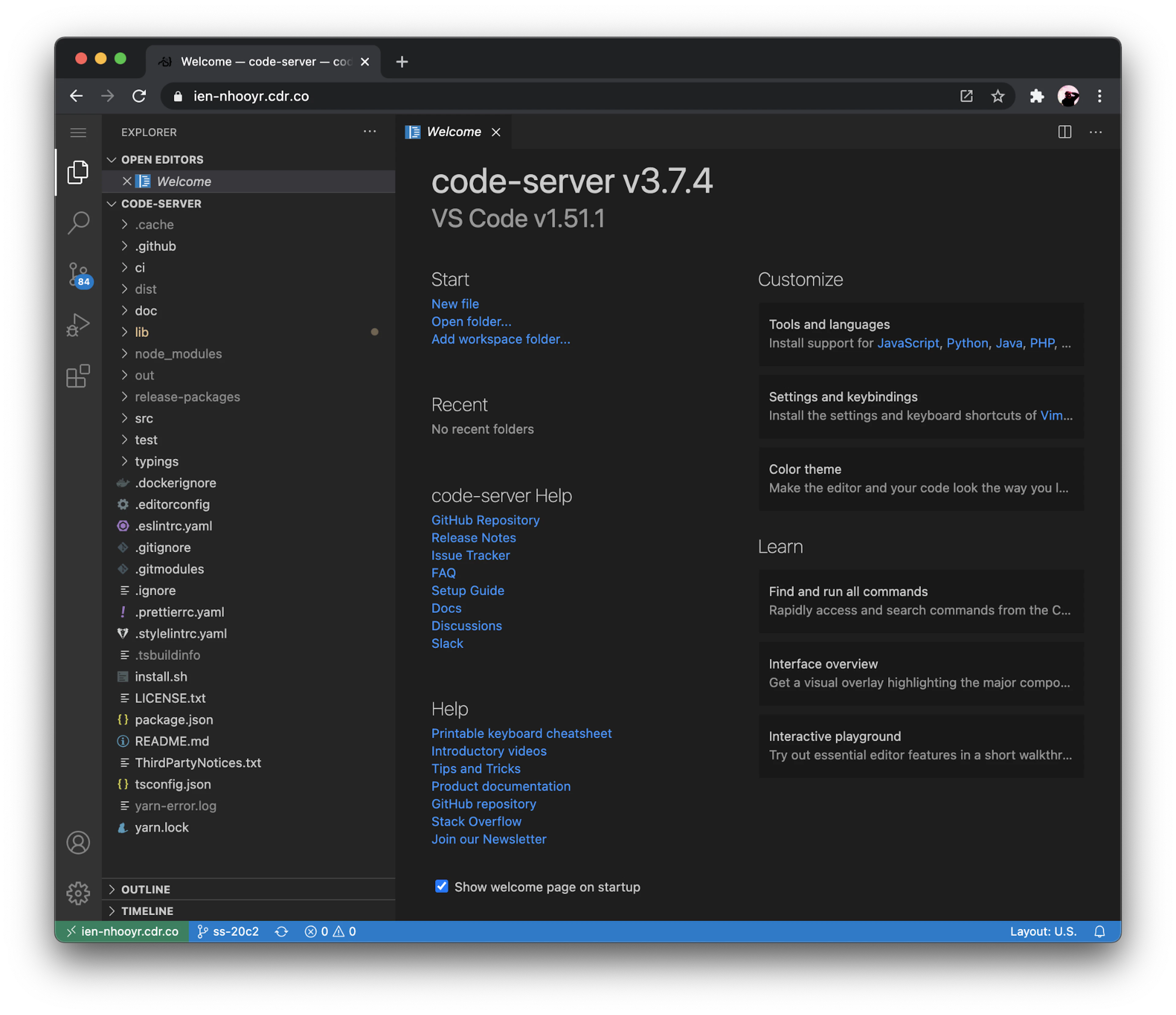 code-server –link in Google Chrome