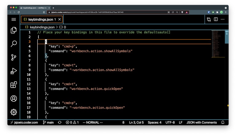 Screen capture of keybindings json file