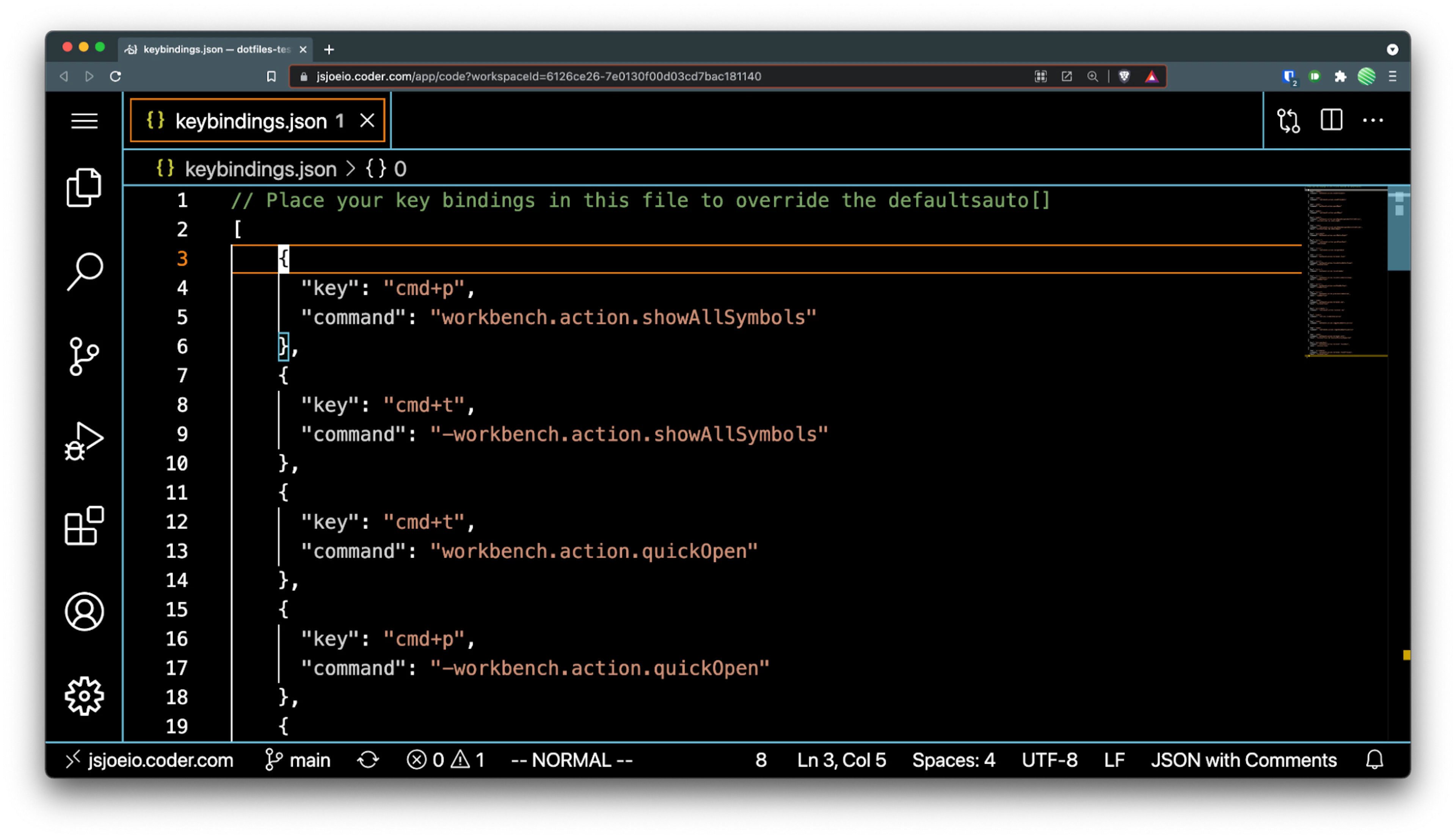 Screen capture of keybindings json file
