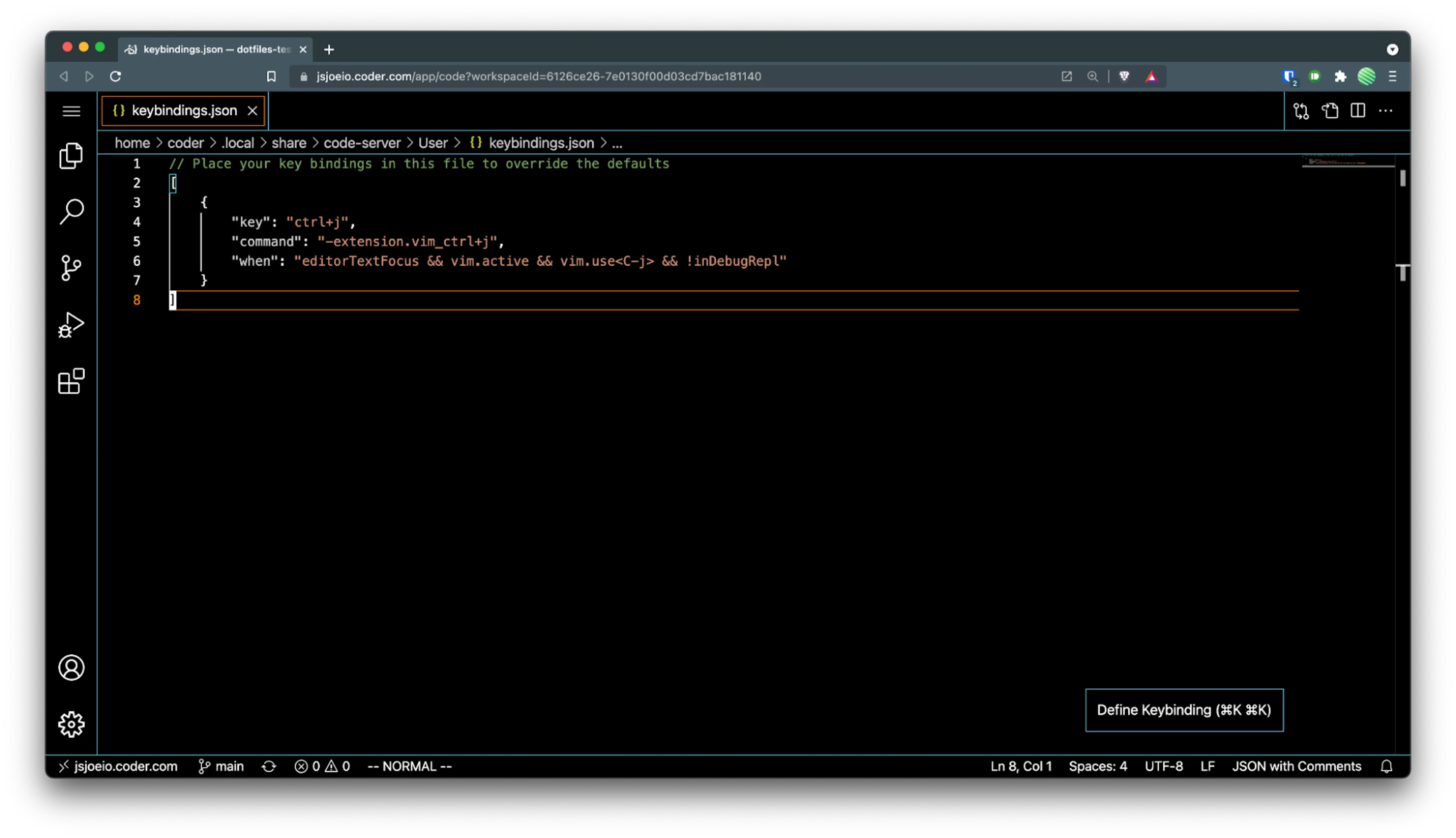 Screen capture showing newly updated keybindings json file