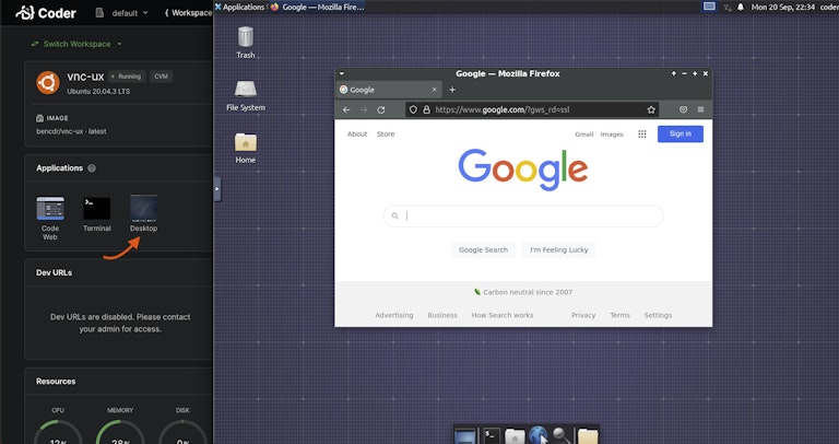 Opening a VNC Desktop in the web browser with Coder