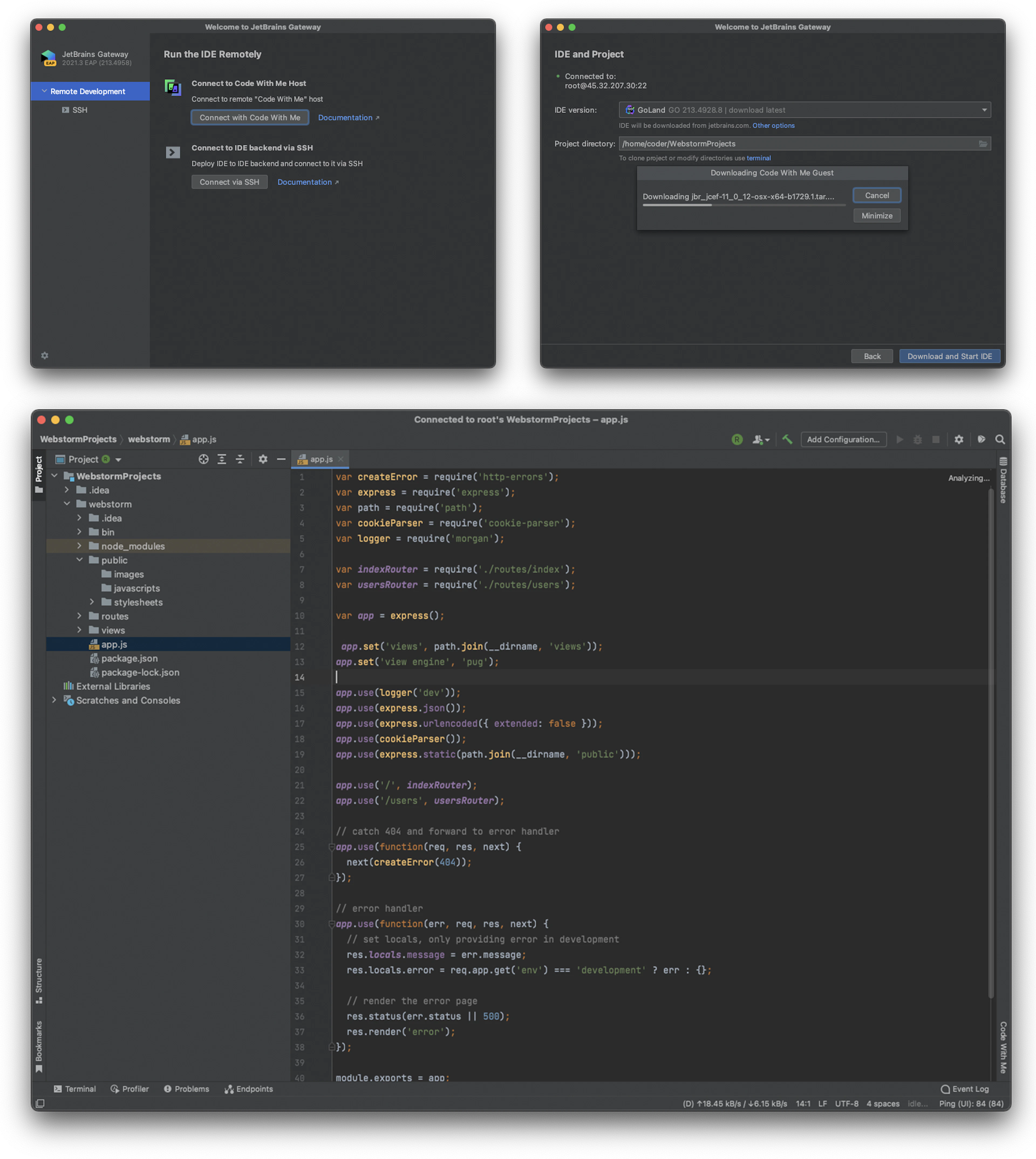 Screenshot of script using the JetBrains Gateway client to connect & develop remotely over SSH