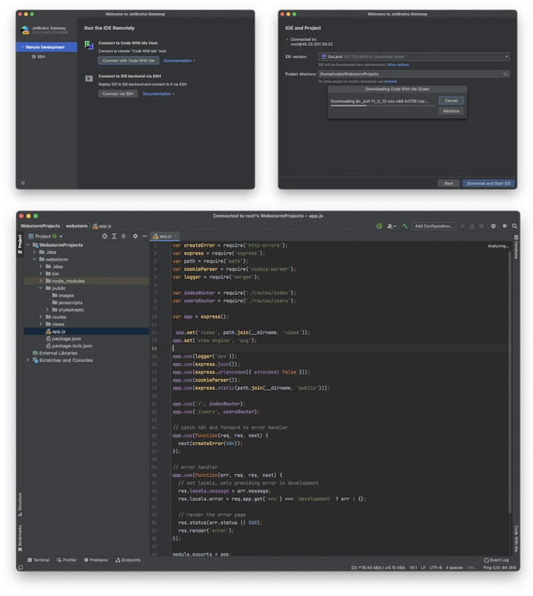 Screenshot of script using the JetBrains Gateway client to connect & develop remotely over SSH